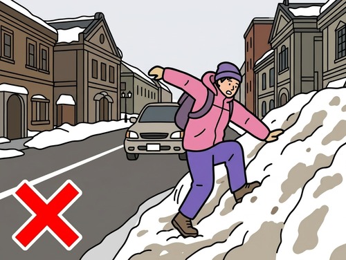 道路脇の雪山に登らない・滑らない